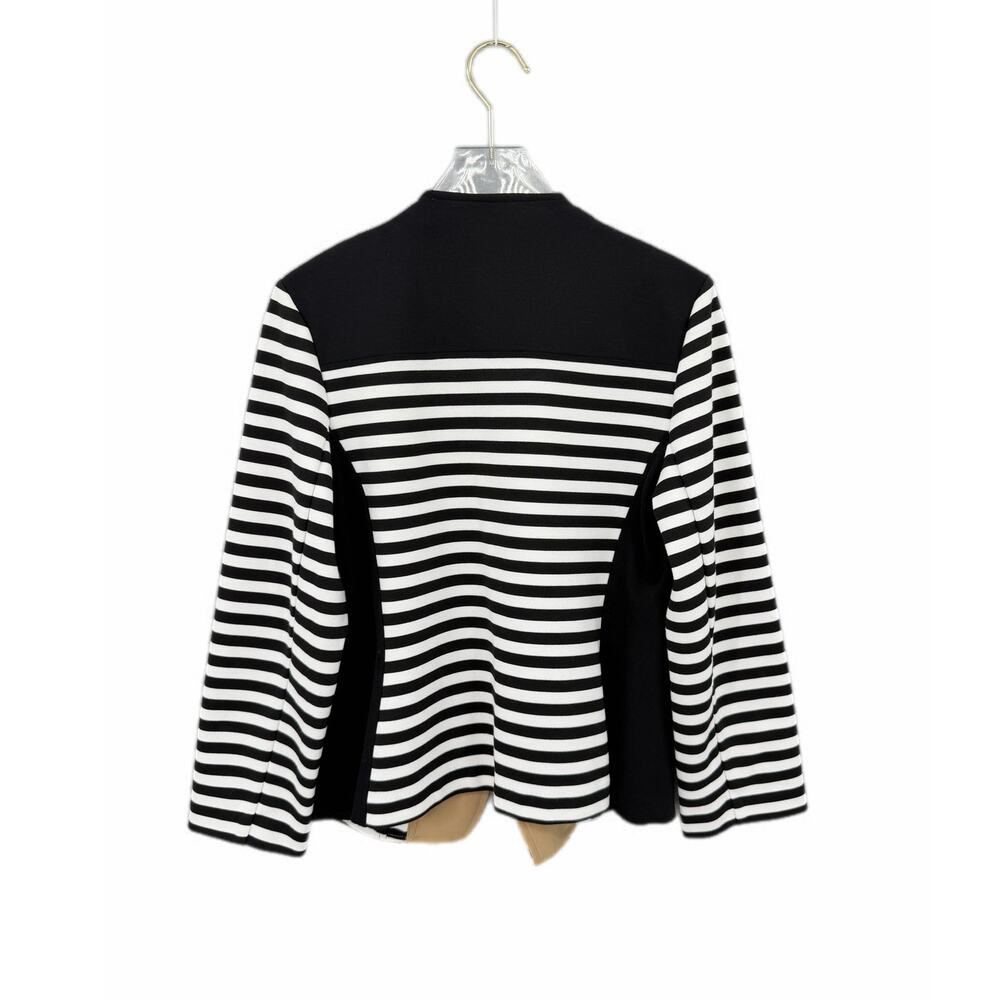 Chico’s Sz 0 Black & White Stripe Tan Ponte Knit Slim Fit Blazer Moto Jacket - Picture 8 of 12